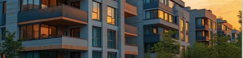 A row of condominium buildings with balconies and a sunset in the background