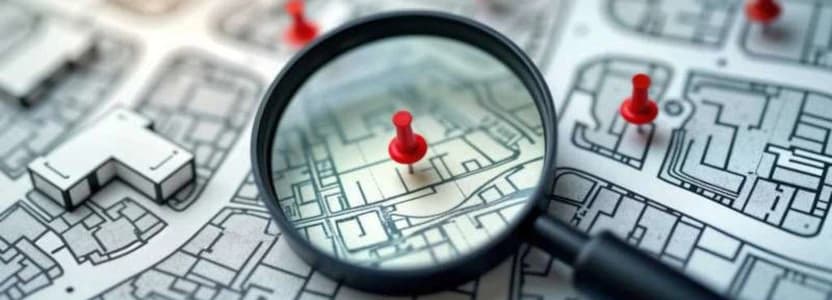 plan or map with magnifying glass