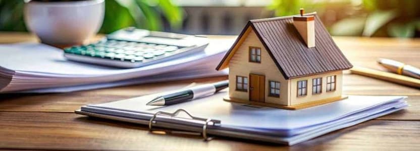 A Model House with Paperwork, Calculator, and Pen on a Wooden Desk