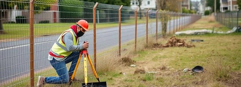 Surveyor setting up beside a fence