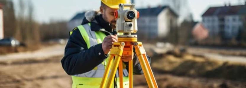 A surveyor builder engineer with theodolite transit equipment at a construction site