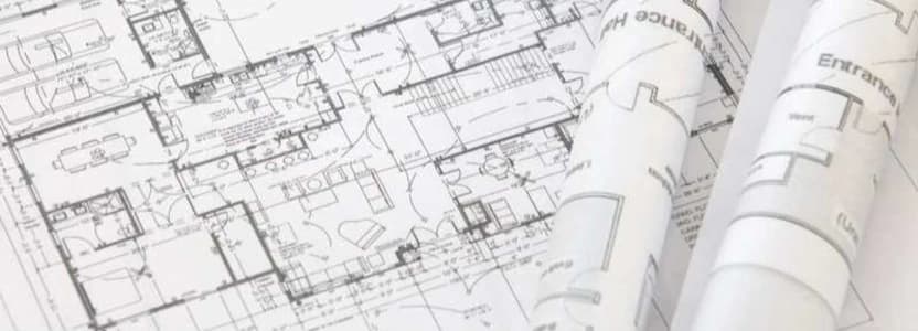 architect rolls and architectural plan, technical project drawing