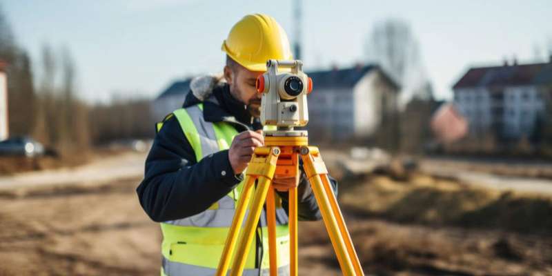 A surveyor builder engineer with theodolite transit equipment at a construction site