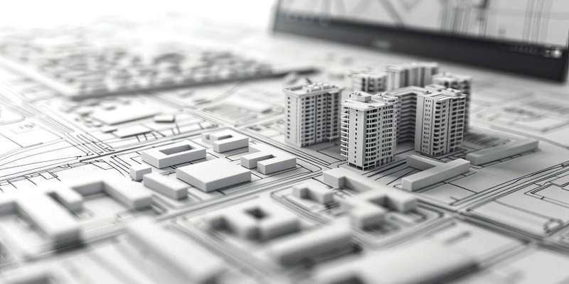 A fictional cadastral map with buildings and roads