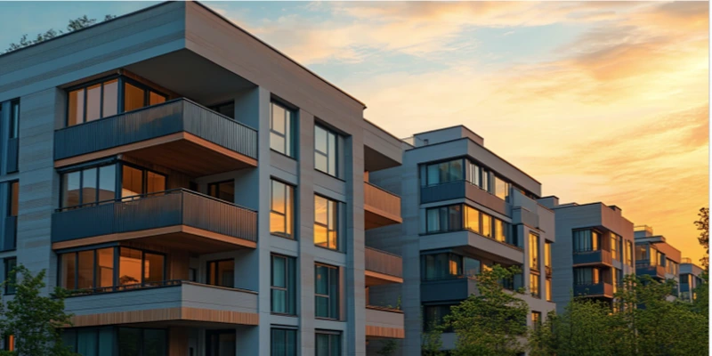 A row of condominium buildings with balconies and a sunset in the background