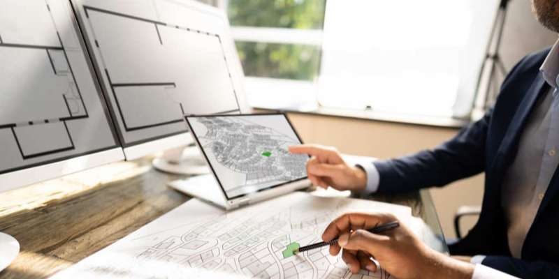 land surveyors studying a map