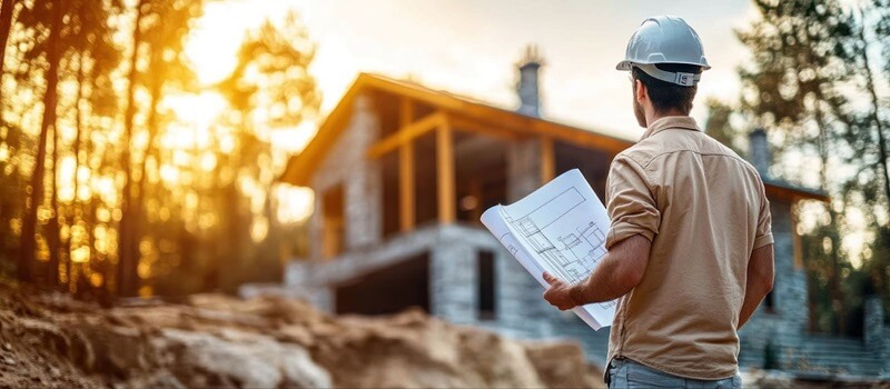 Survey with plans overseeing house under construction