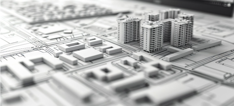 A fictional cadastral map with buildings and roads