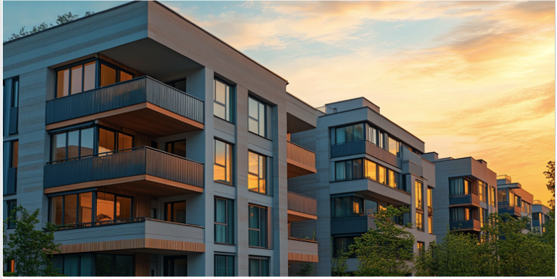 A row of condominium buildings with balconies and a sunset in the background