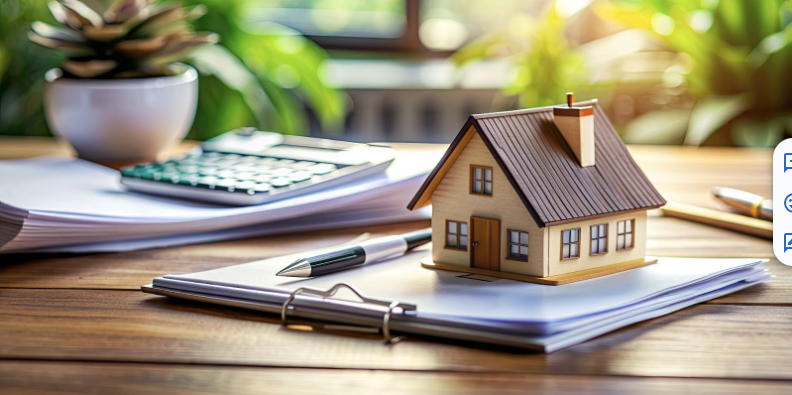 A Model House with Paperwork, Calculator, and Pen on a Wooden Desk